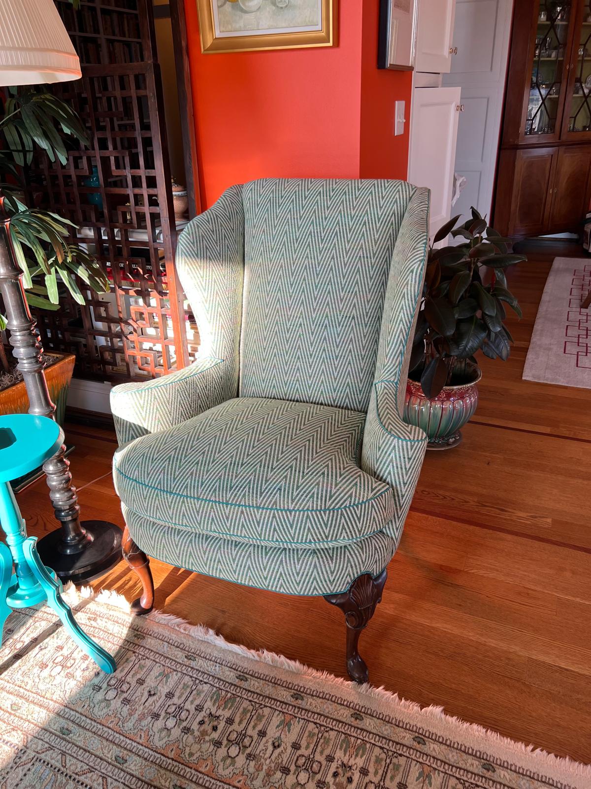 Teal herringbone wingback chair