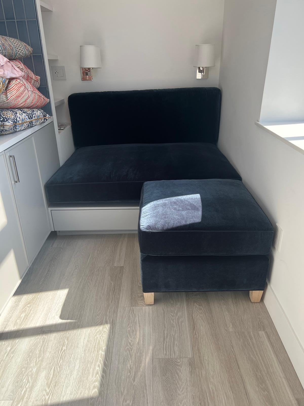 Black velvet banquette and ottoman