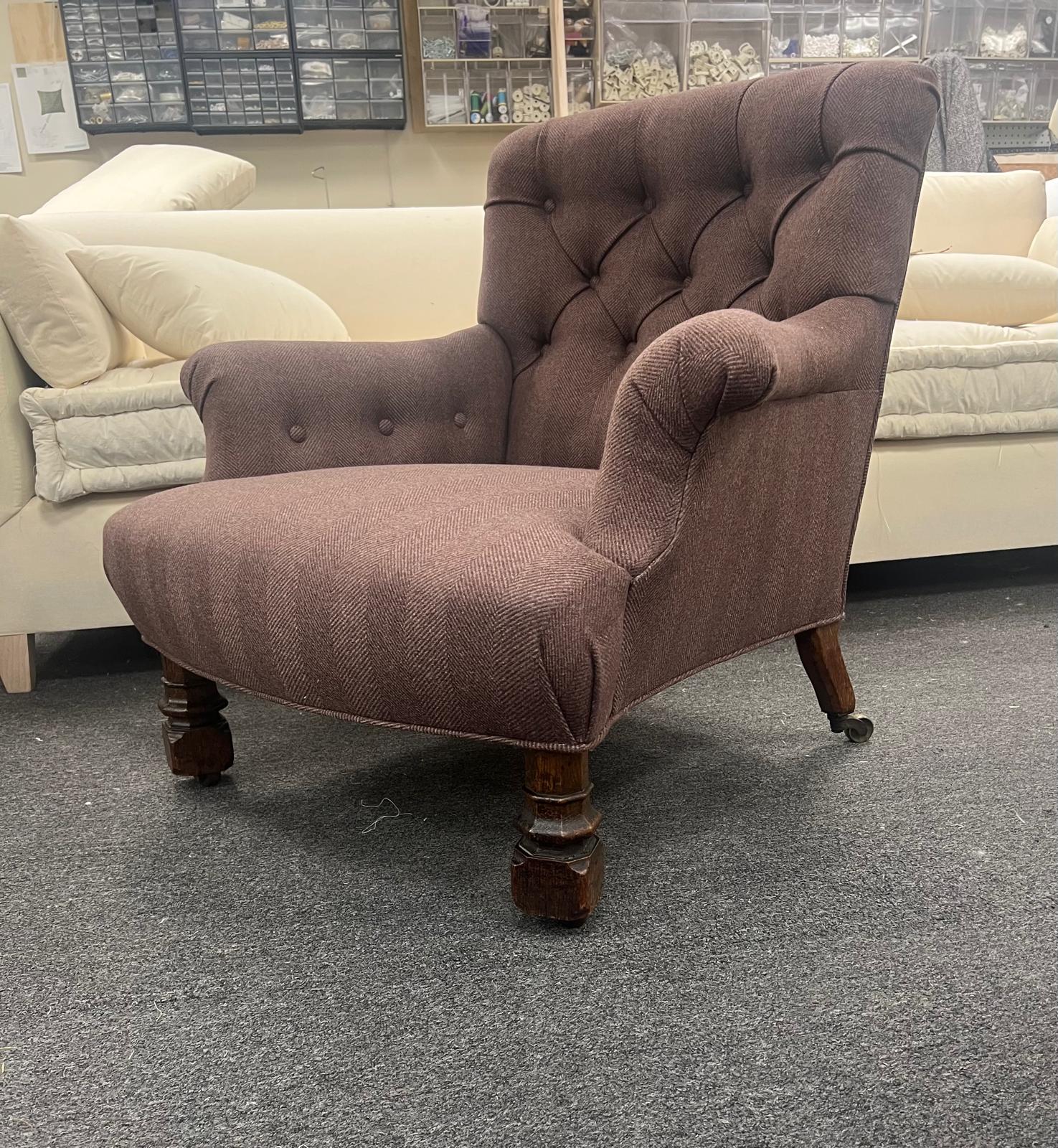 Brown tufted arm chair in workshop
